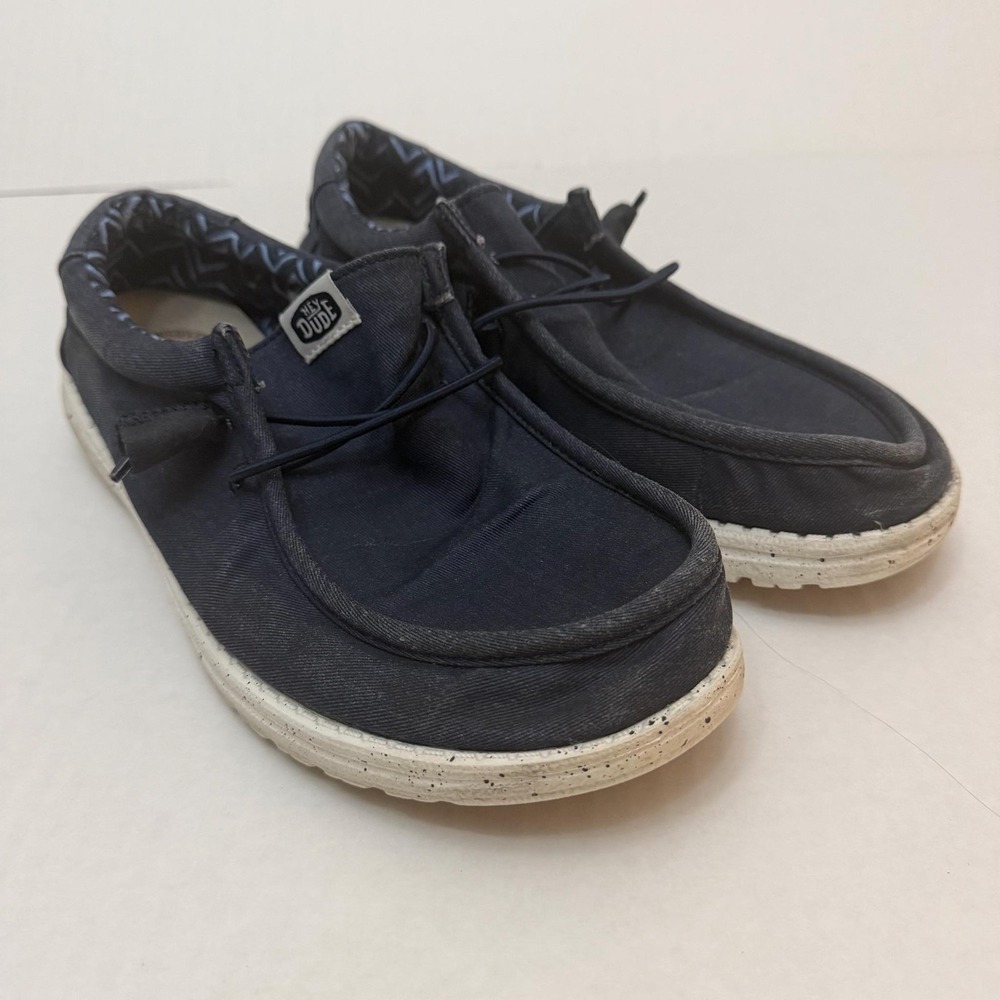 Hey Dude Wally Stretch Canvas Shoes Mens 9 Navy Slip On Casual Comfort Loafers